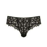 Flat lay of Panache Allure Brazilian Brief in Black/Latte, medium coverage lace brief with gold ring accent.