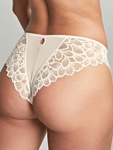 Back view of Allure Brazilian Brief Ivory by Panache, showing flirty keyhole cut out and lace detailing.