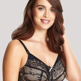 Front view of Panache Sophie Maternity Bra Black/Chai on model, non-wired nursing bra with drop-down cups.