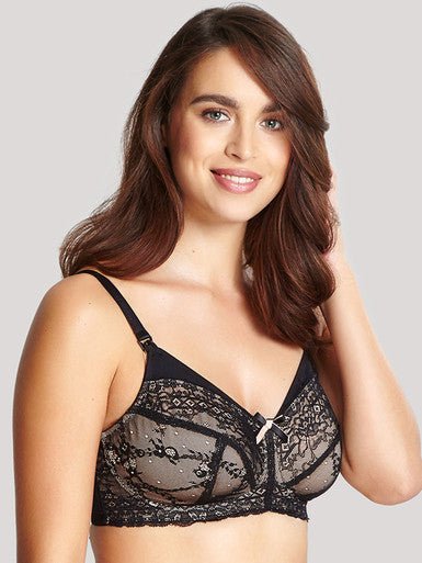 Front view of Panache Sophie Maternity Bra Black/Chai on model, non-wired nursing bra with drop-down cups.