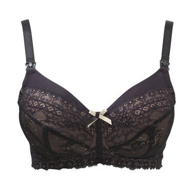 Flat lay of Panache Sophie Maternity Bra Black/Chai, lace, non-wired, cotton-lined cups and drop-down feature.