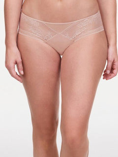 Model wearing Maddie Shorty Brief in Soft Pink with floral lace, striped tulle and opaque knit front.