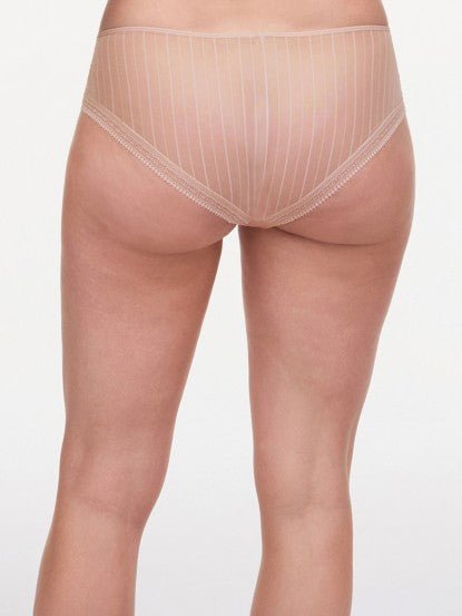 Back view of Maddie Shorty Brief in Soft Pink, showing delicate lace and striped tulle design.