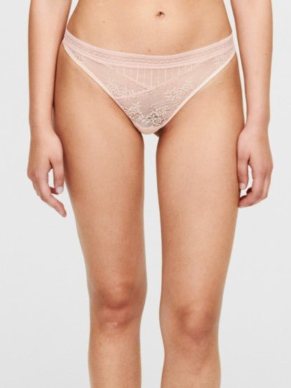 Front view of Passionata Maddie Tanga Brief in soft pink floral lace – The Foundation