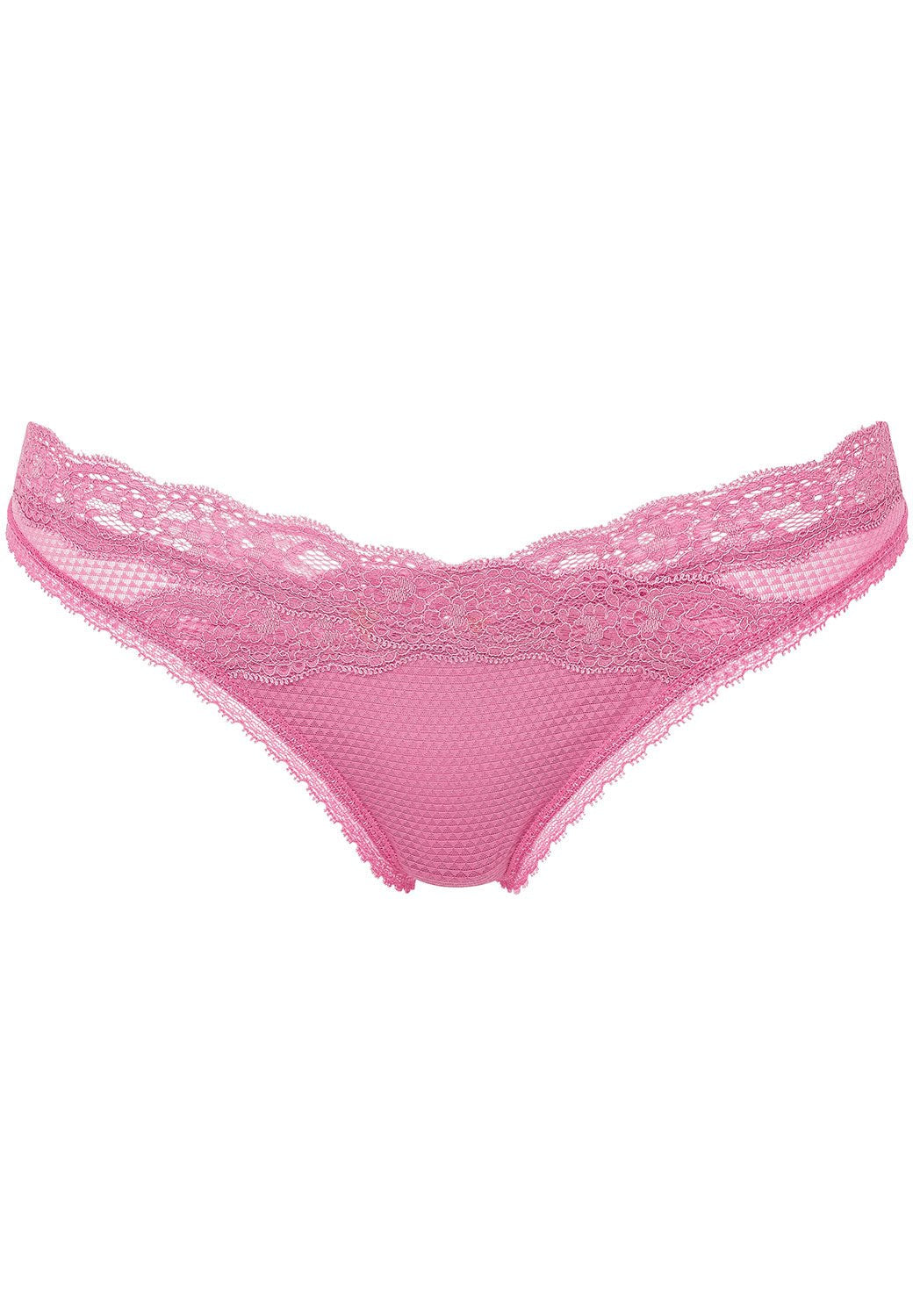 Flat lay of the Brooklyn Tanga Brief Gardenia from The Foundation – feminine lace thong in light pink with smooth seams.