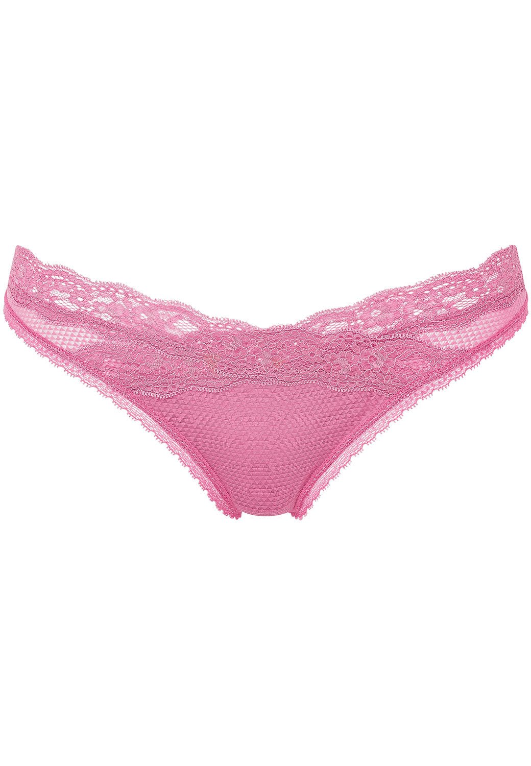 Flat lay of the Brooklyn Tanga Brief Gardenia from The Foundation – feminine lace thong in light pink with smooth seams.