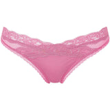 Flat lay of the Brooklyn Tanga Brief Gardenia from The Foundation – feminine lace thong in light pink with smooth seams.
