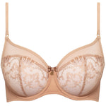 Flat lay of the Samanta Perla Soft High Apex Bra in cappuccino with delicate lace and high apex design, stocked by The Foundation.