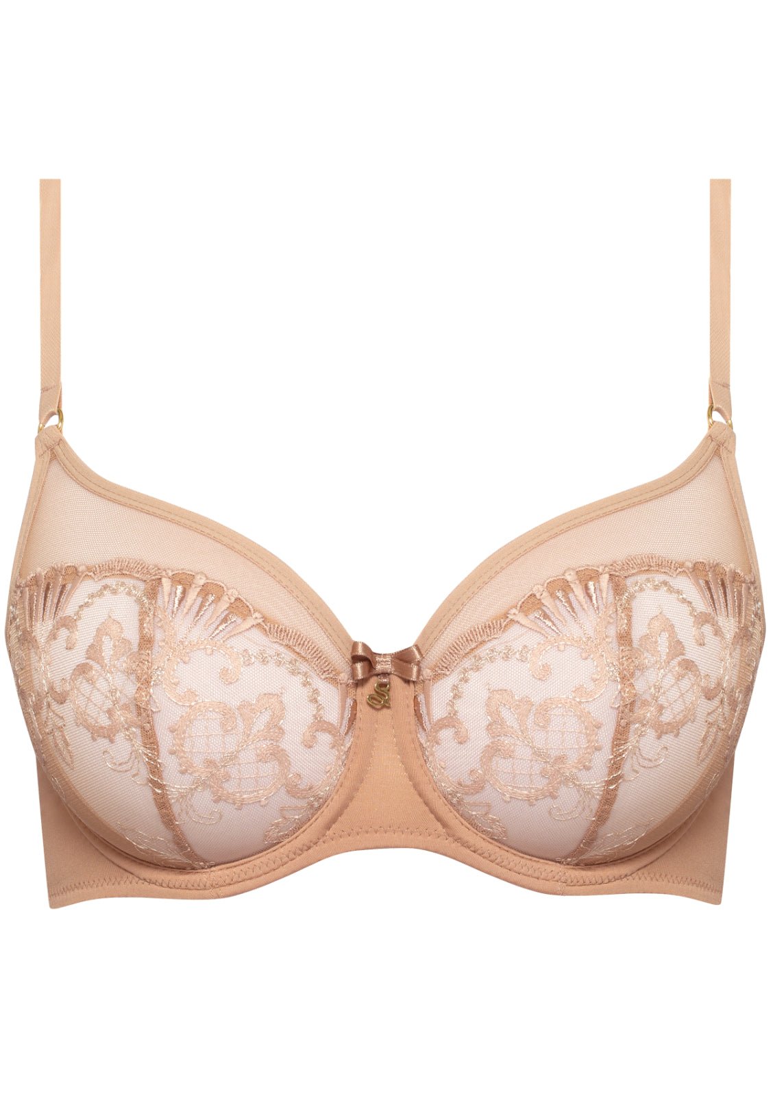 Flat lay of the Samanta Perla Soft High Apex Bra in cappuccino with delicate lace and high apex design, stocked by The Foundation.