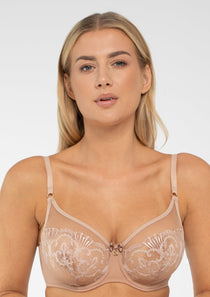 Close-up of the lace and mesh detail on the Perla Soft High Apex Bra by Samanta, cappuccino colourway, found at The Foundation.