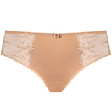 Flat lay of the Samanta Perla Midi Brief in cappuccino, featuring lace detail and full coverage, available now at The Foundation.