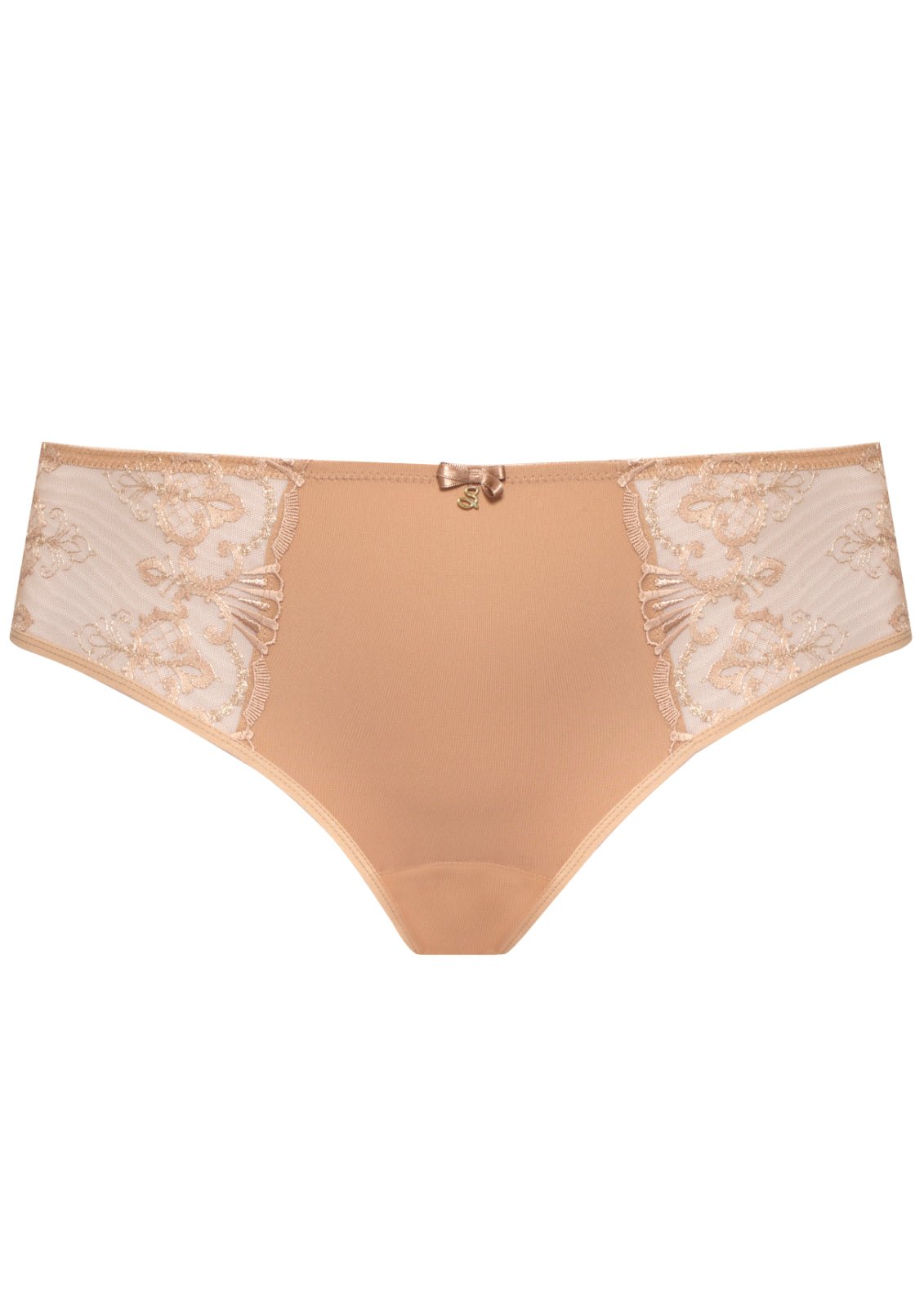 Flat lay of the Samanta Perla Midi Brief in cappuccino, featuring lace detail and full coverage, available now at The Foundation.