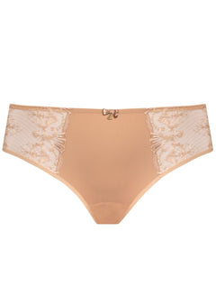 Flat lay of the Samanta Perla Midi Brief in cappuccino, featuring lace detail and full coverage, available now at The Foundation.
