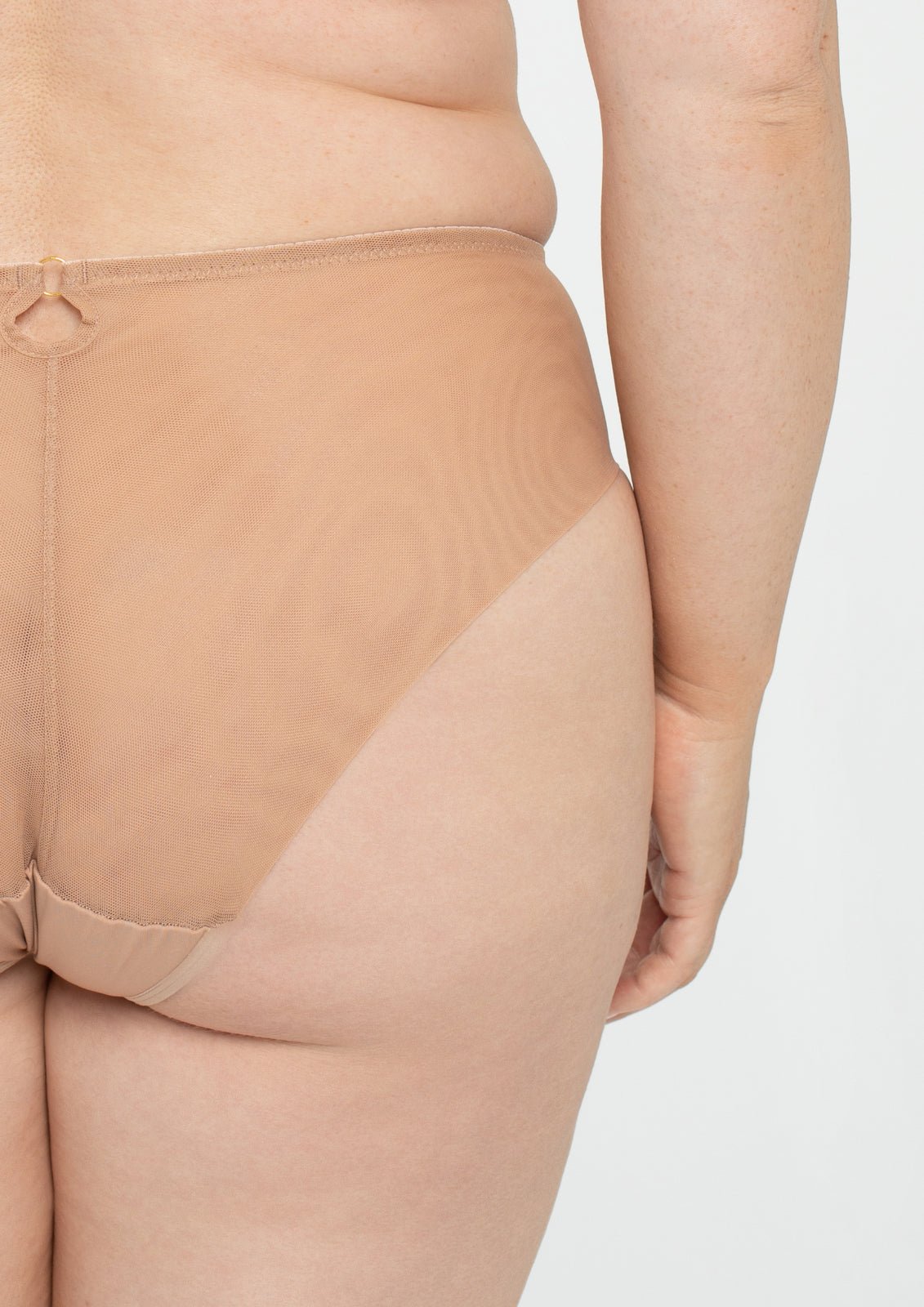 Side and back view of the Perla Midi Brief by Samanta in cappuccino, highlighting the mesh panel and elegant lace, sold at The Foundation.