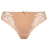 Flat lay of the Samanta Perla Thong in cappuccino with delicate lace front, available at The Foundation – minimal and elegant.