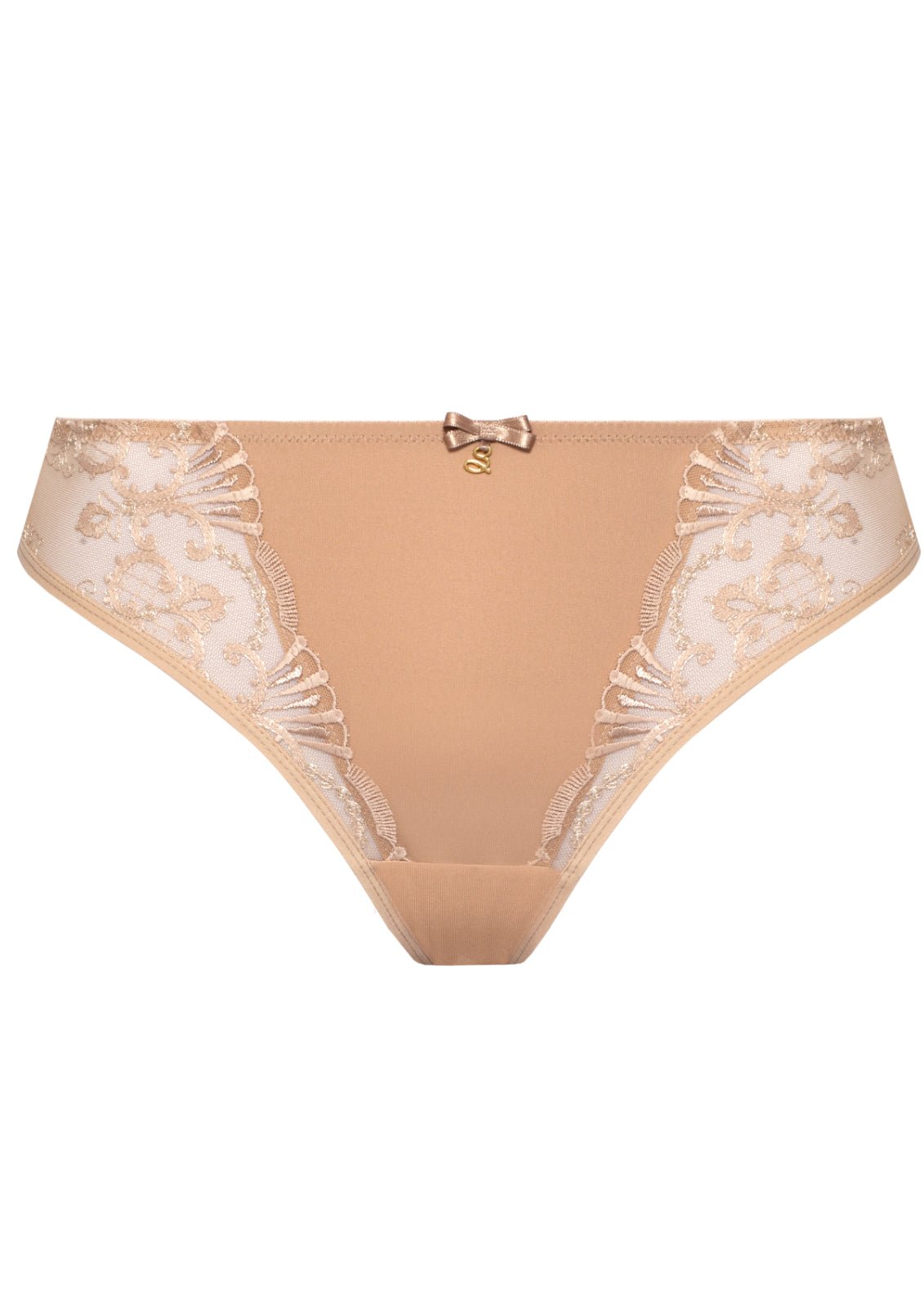 Flat lay of the Samanta Perla Thong in cappuccino with delicate lace front, available at The Foundation – minimal and elegant.