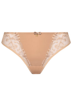 Flat lay of the Samanta Perla Thong in cappuccino with delicate lace front, available at The Foundation – minimal and elegant.