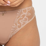 close up of the Perla Thong in cappuccino lace by Samanta, designed for invisible wear, from The Foundation.