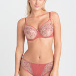 Front view of Perla High Apex Bra Rosy set worn by model, designed for fuller busts—available at The Foundation online.
