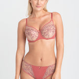 Front view of Perla High Apex Bra Rosy set worn by model, designed for fuller busts—available at The Foundation online.
