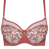 Flat lay of Perla High Apex Bra Rosy from Samanta, pink lace balcony style—shop supportive lace bras via The Foundation.