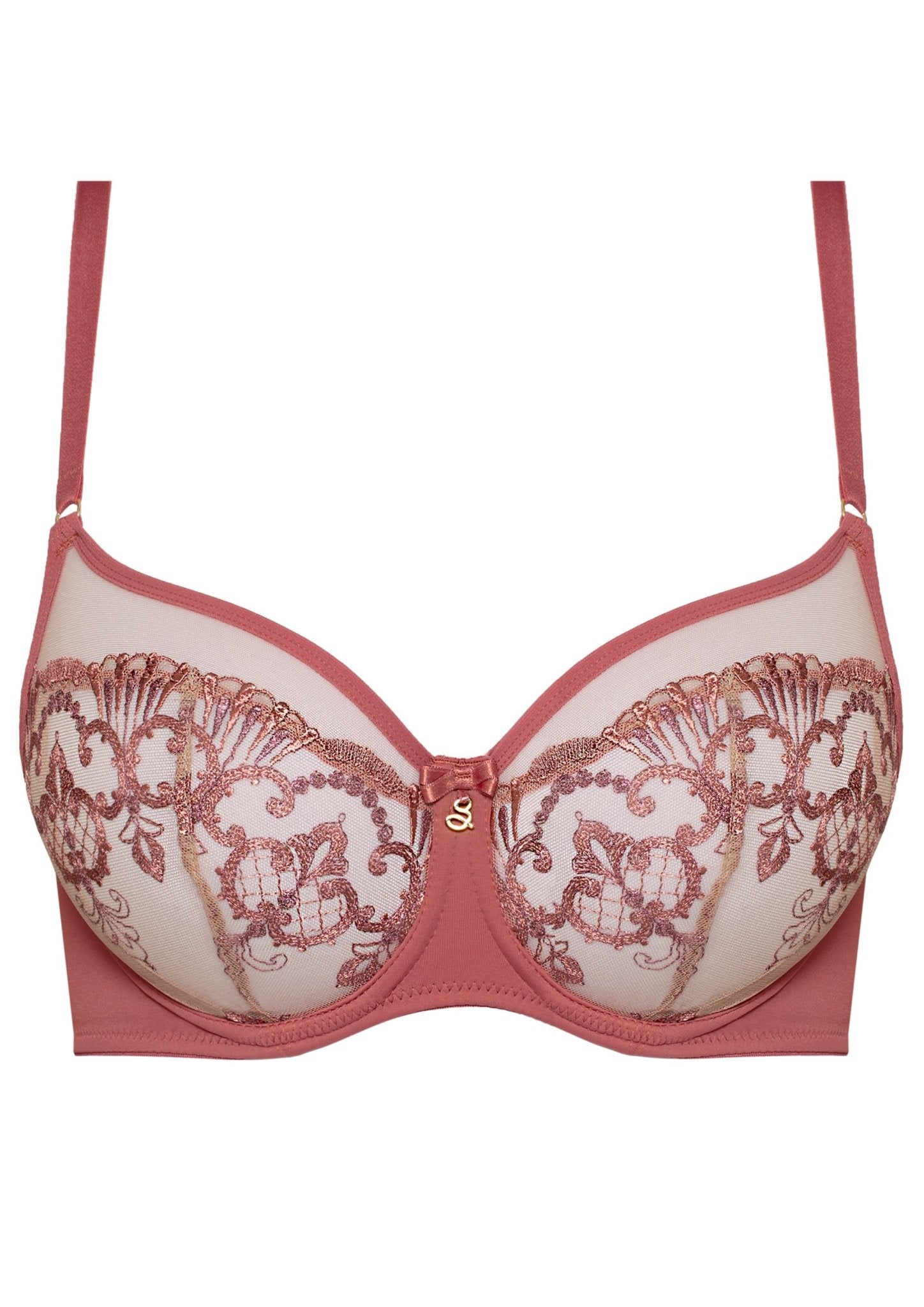 Flat lay of Perla High Apex Bra Rosy from Samanta, pink lace balcony style—shop supportive lace bras via The Foundation.