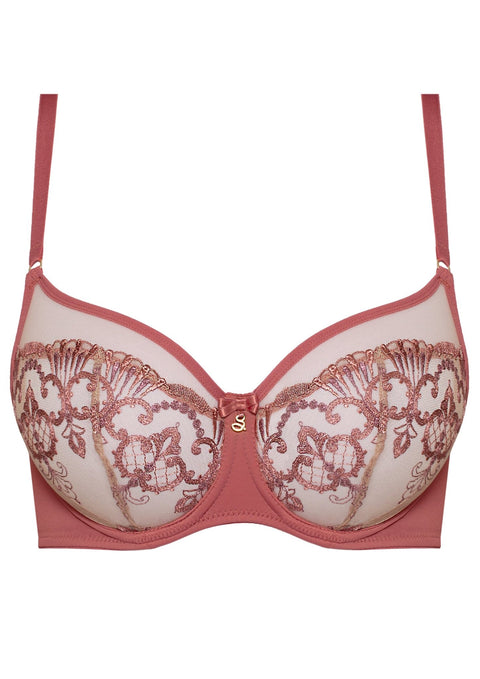 Flat lay of Perla High Apex Bra Rosy from Samanta, pink lace balcony style—shop supportive lace bras via The Foundation.