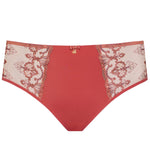 Flat lay of Perla Midi Brief in Rosy by Samanta, with lace panels and gold charm—shop lace briefs online at The Foundation.