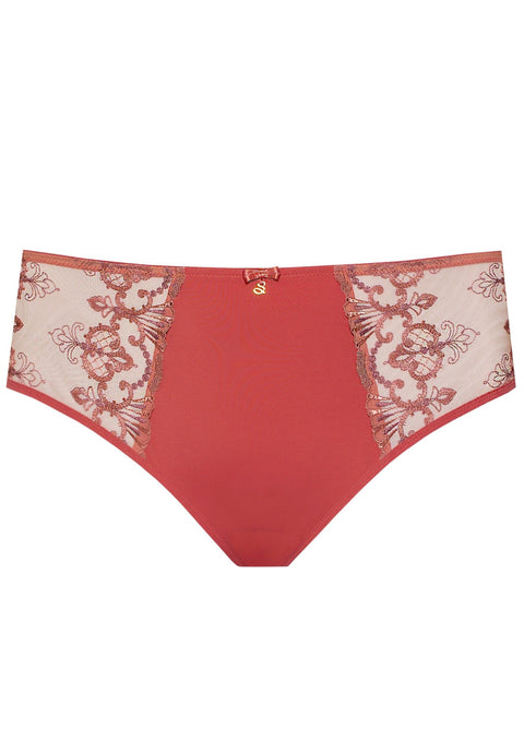 Flat lay of Perla Midi Brief in Rosy by Samanta, with lace panels and gold charm—shop lace briefs online at The Foundation.