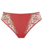 Flat lay of Perla Thong in Rosy colour with lace side panels and delicate embroidery.