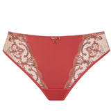 Flat lay of Perla Thong in Rosy colour with lace side panels and delicate embroidery.