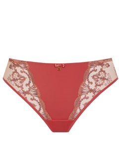 Flat lay of Perla Thong in Rosy colour with lace side panels and delicate embroidery.