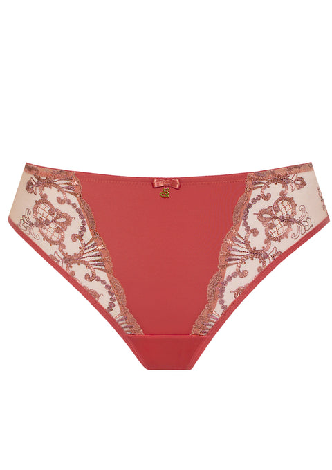 Flat lay of Perla Thong in Rosy colour with lace side panels and delicate embroidery.