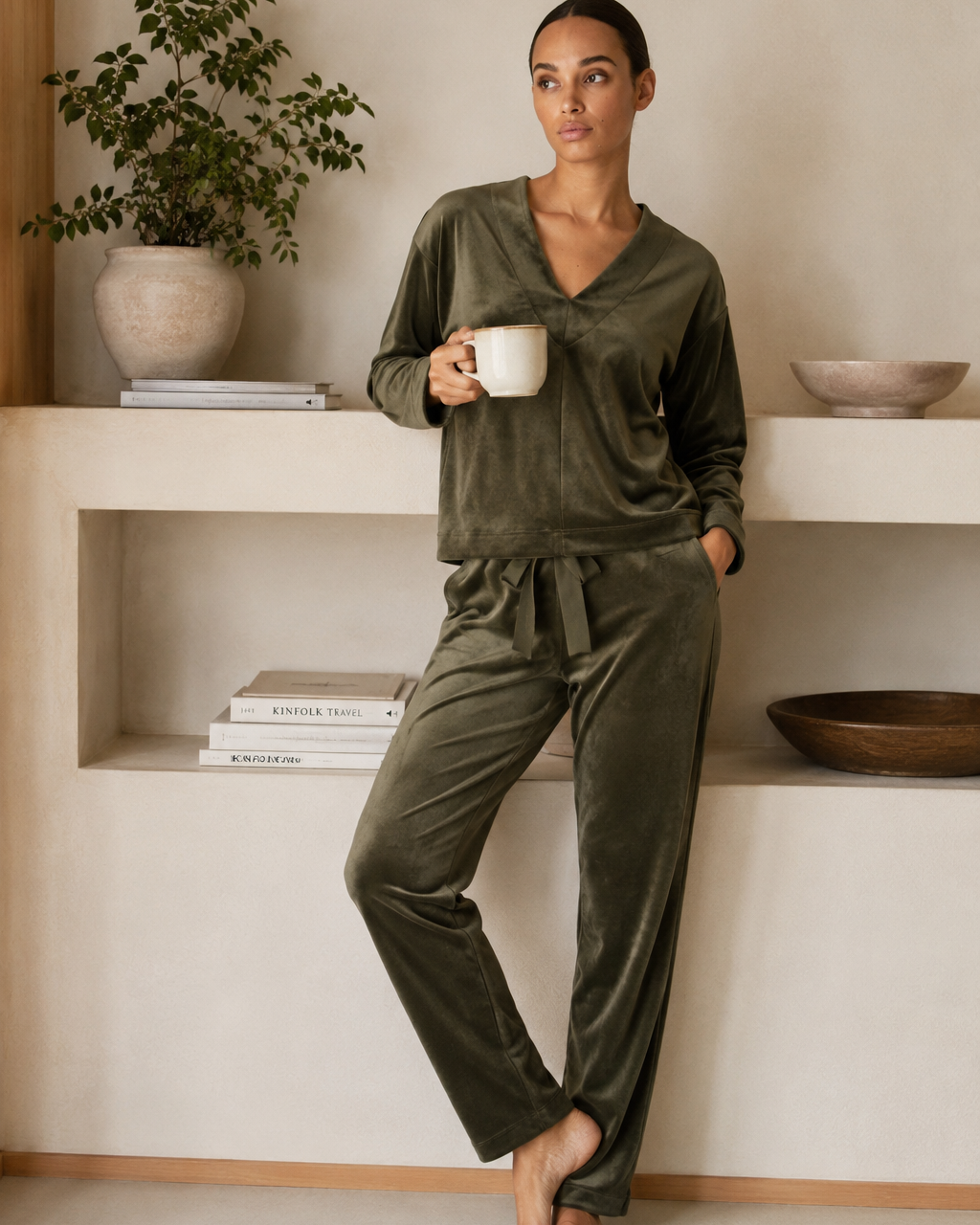 Woman in olive green pajama set holding a mug in a minimalistic room.