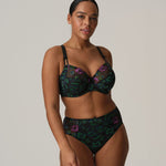 Model standing in Prima Donna San Angel Full Brief Peacock Feather, paired with matching bra, highlighting colourful lace from The Foundation.