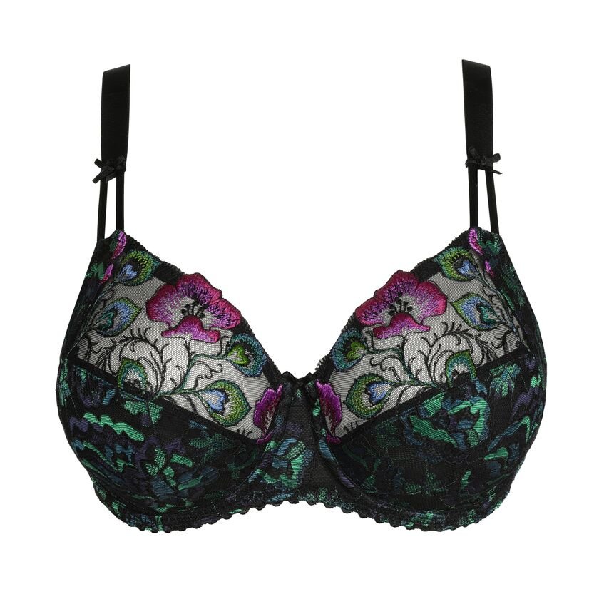 Prima Donna San Angel Full Cup Bra Peacock Feather laid flat, highlighting peacock feather lace, Swiss embroidery, and black base from The Foundation.