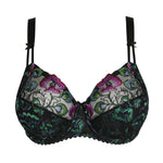 Prima Donna San Angel Full Cup Bra Peacock Feather laid flat, highlighting peacock feather lace, Swiss embroidery, and black base from The Foundation.