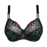 Prima Donna San Angel Full Cup Bra Peacock Feather laid flat, highlighting peacock feather lace, Swiss embroidery, and black base from The Foundation.