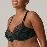 Side profile of model in Prima Donna San Angel Full Cup Bra Peacock Feather, showcasing Italian lace, soft microfibre wings, and uplift at The Foundation.