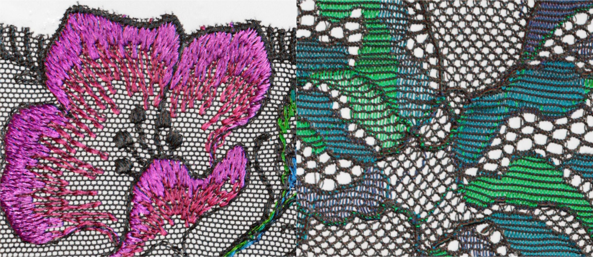 Close-up flat lay of San Angel Thong Brief Peacock Feather, focusing on intricate Italian lace and embroidery, at The Foundation.
