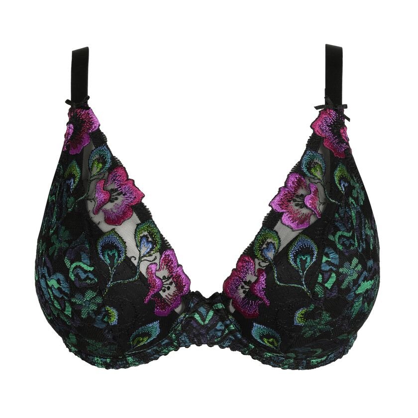 Prima Donna San Angel Plunge Bra in Peacock Feather, dramatic plunge and vibrant feather lace, detailed embroidery captured by The Foundation.