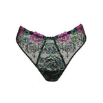 Prima Donna San Angel Thong Brief Peacock Feather flat lay, showcasing unique peacock feather motif and black base, exclusive to The Foundation.