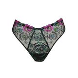 Prima Donna San Angel Thong Brief Peacock Feather flat lay, showcasing unique peacock feather motif and black base, exclusive to The Foundation.