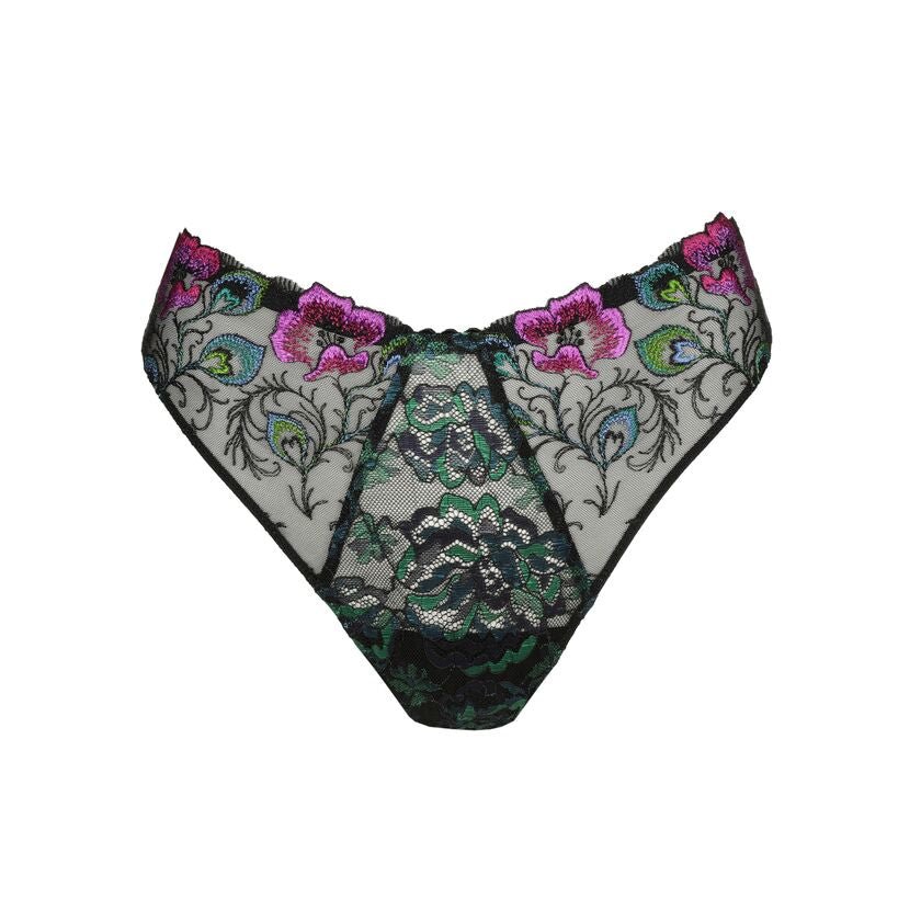 Prima Donna San Angel Thong Brief Peacock Feather flat lay, showcasing unique peacock feather motif and black base, exclusive to The Foundation.