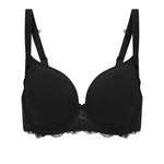 Flat lay of Reve 3D Plunge Contour Bra Black, highlighting t-shirt bra shape and scalloped lace trim