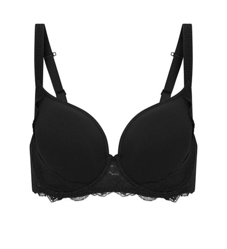 Flat lay of Reve 3D Plunge Contour Bra Black, highlighting t-shirt bra shape and scalloped lace trim