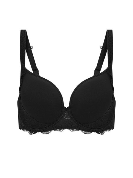 Flat lay of Reve 3D Plunge Contour Bra Black, highlighting t-shirt bra shape and scalloped lace trim