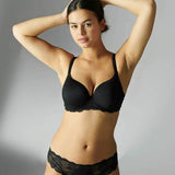 Model wearing Reve 3D Plunge Contour Bra Black, demonstrating lightweight fit and racerback option