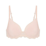 Flat lay of Reve 3D Plunge Contour Bra Sakura Pink, showing smooth cups and scalloped lace trim