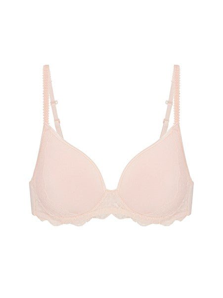 Flat lay of Reve 3D Plunge Contour Bra Sakura Pink, showing smooth cups and scalloped lace trim